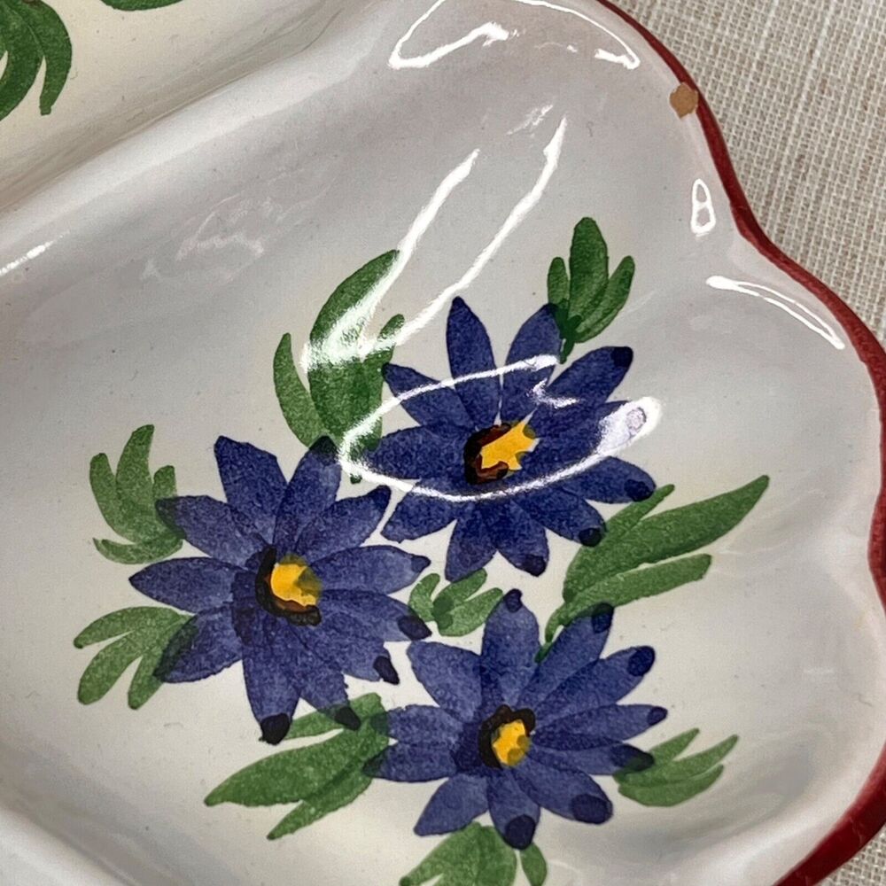 Vintage 60s Ceramic Divided Dish Hand Painted  Mushroom Center Floral Accents - Picture 5 of 9